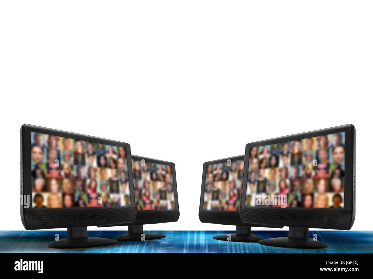 computer monitors with people faces on screen, social media concept Stock Photo