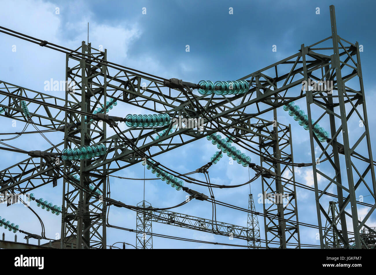 Electricity. Distribution electric substation with power lines and transformers. Stock Photo