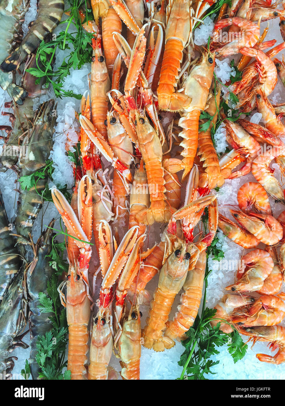 Seafood stall on a provençal market featuring raw tiger prawns and