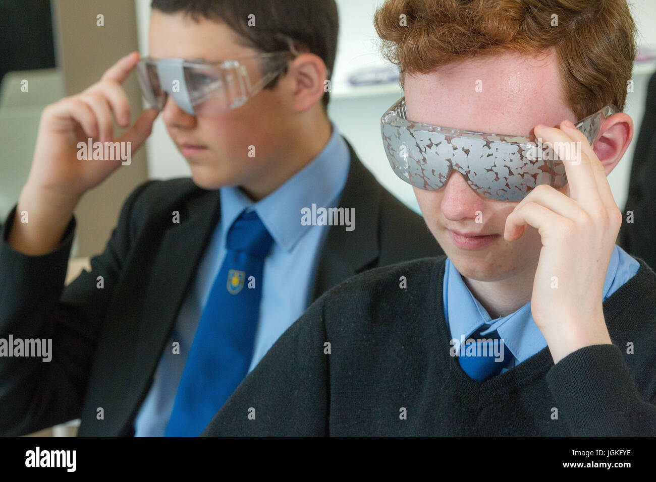 Students experiencing what it is like to have a visual impairment Stock Photo