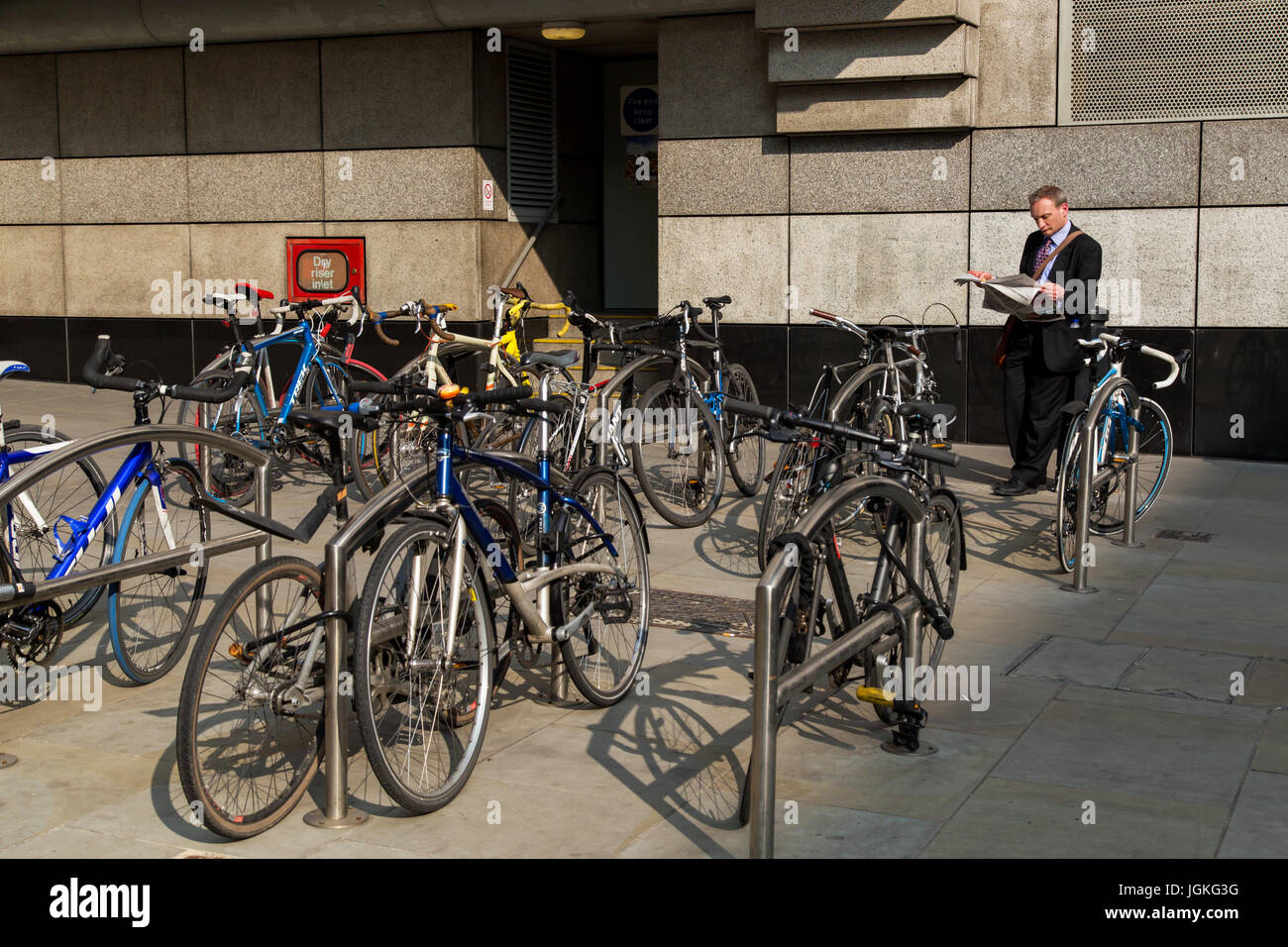 UK, London - April 08, 2015: Group of bikes in parking in London Stock Photo