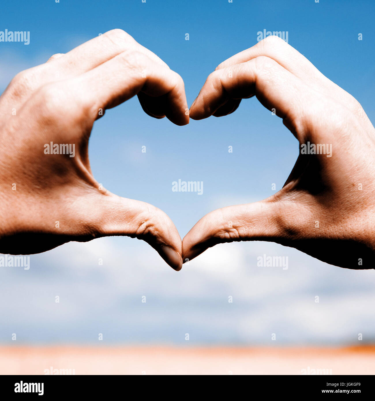Beautiful Love shape hands - heart on yellow field and blue sky Stock ...
