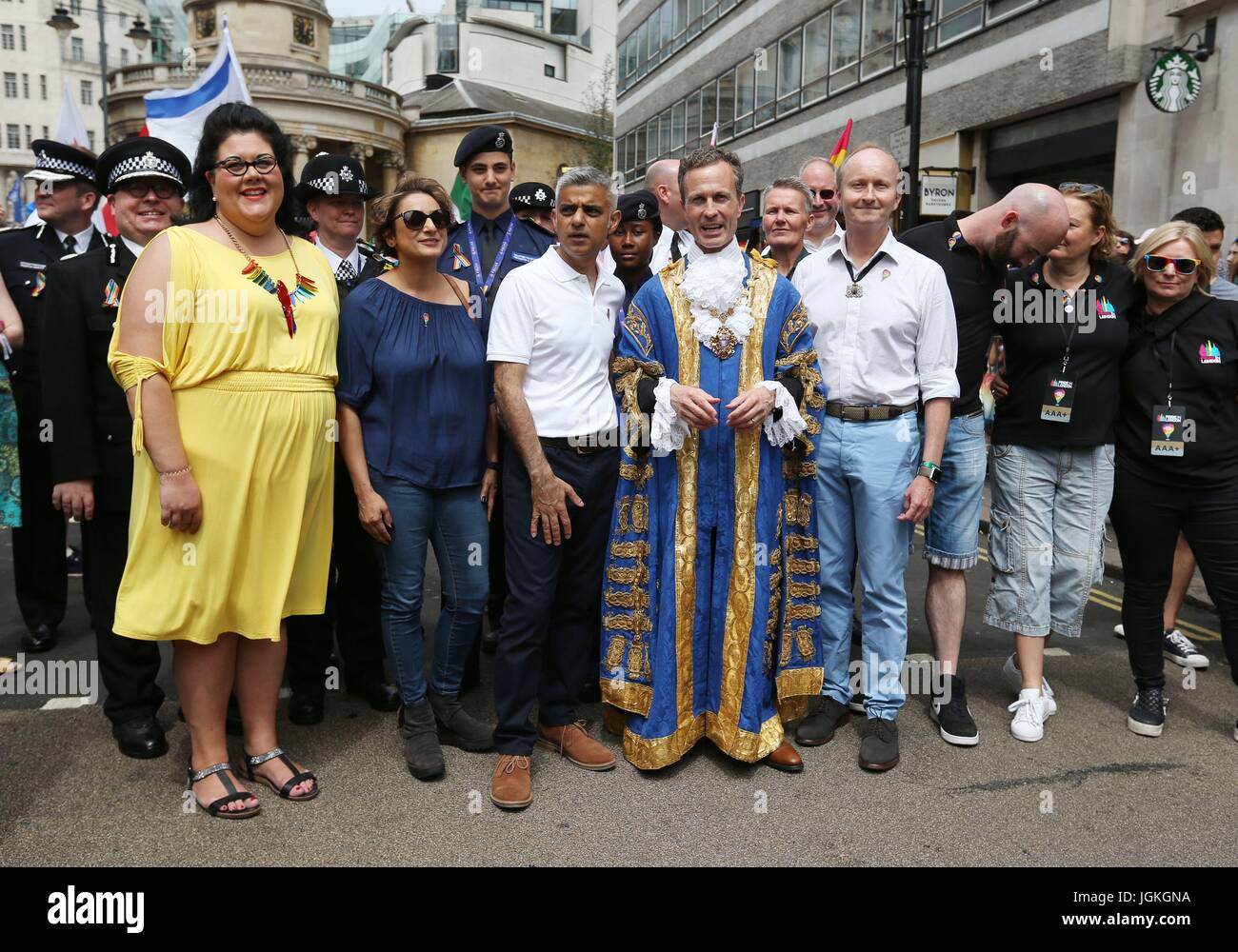 Night Czar Amy Lame (left), Mayor of London Sadiq Khan (third left) during the Pride in London Parade in central London. Stock Photo