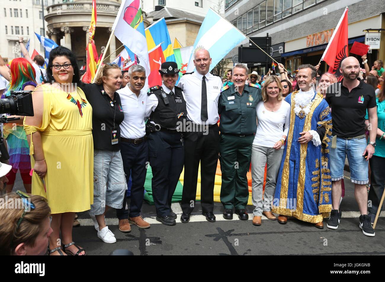 Night Czar Amy Lame (left), Mayor of London Sadiq Khan (third left) and Education Secretary Justine Greening (third right) during the Pride in London Parade in central London. Stock Photo