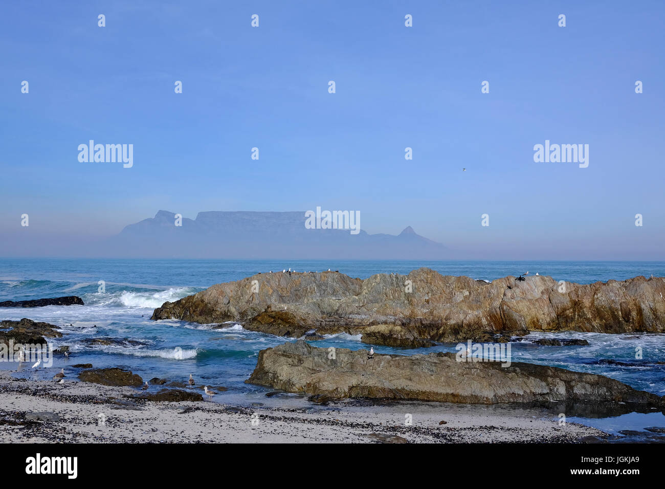 Cape Town,South Africa. A rocky shoreline with Table Mountain covered ...