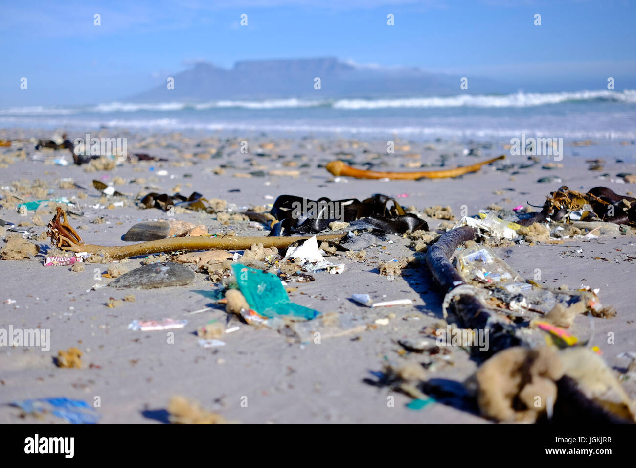 Cape Town,South Africa. Plastic Pollution on Cape beaches with Table