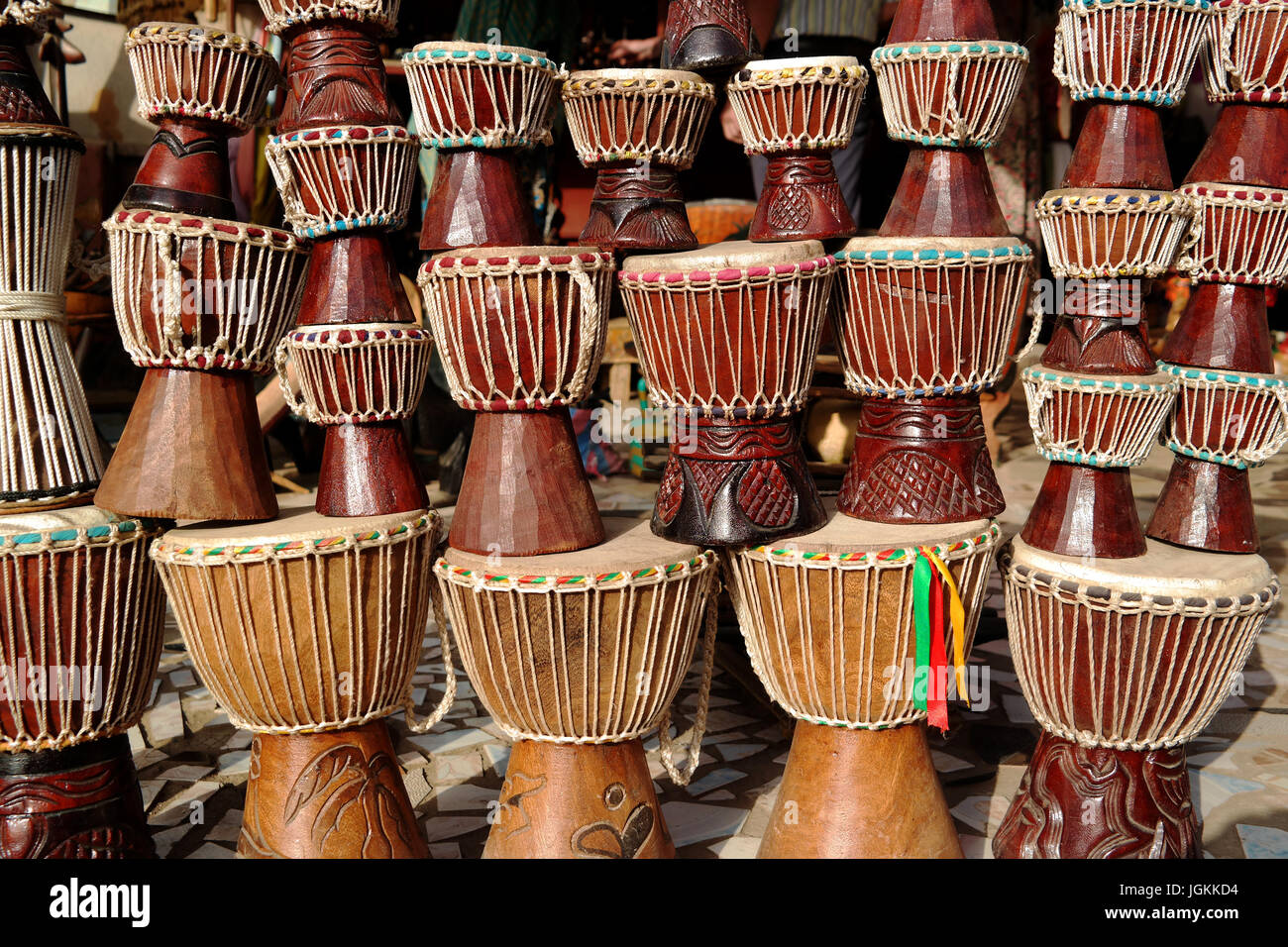 African drums for sale, The Gambia, West Africa Stock Photo