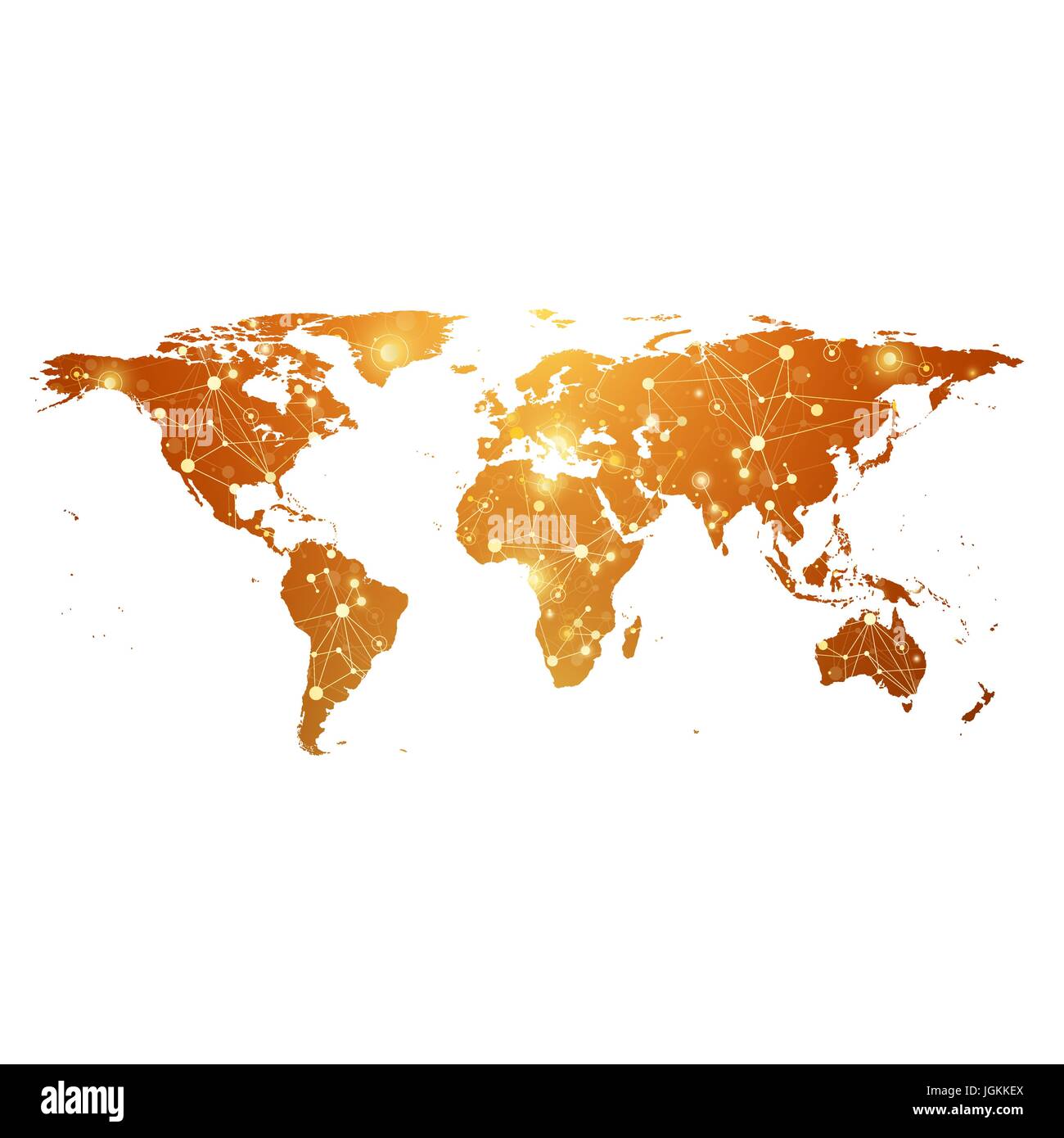 Golden World Map with global technology networking concept. Digital data visualization. Scientific cybernetic particle compounds. Big Data background communication. Vector illustration. Stock Vector