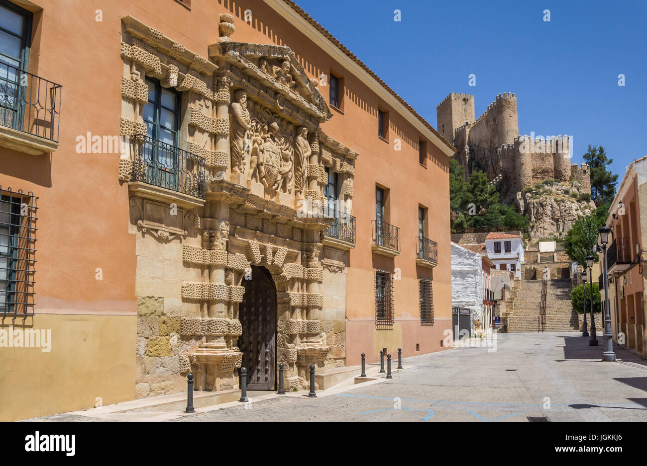 Town hall and castle of Almansa, Spain Stock Photo