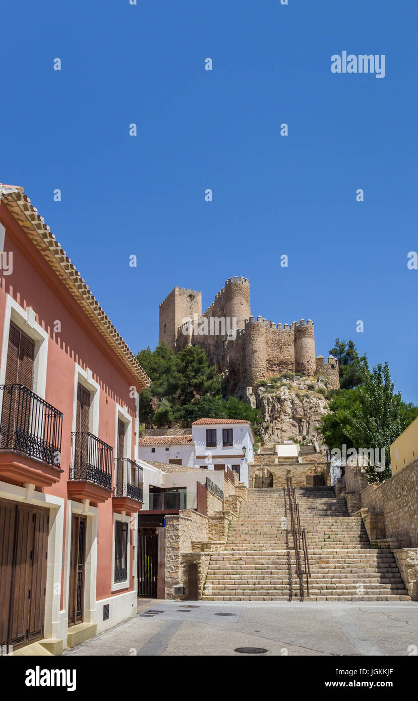 Street and stairs leading to the castle of Almansa, Spain Stock Photo