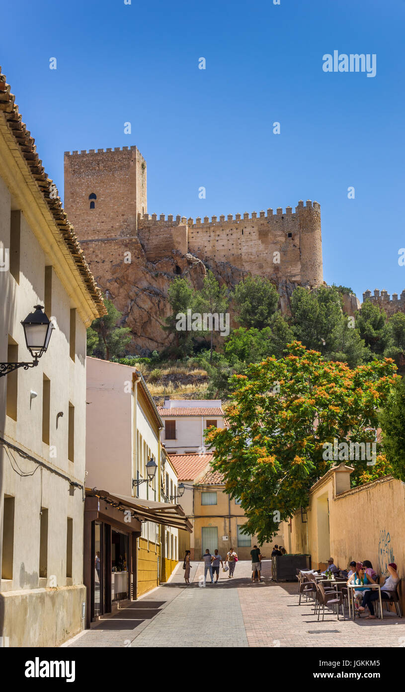 Street and hilltop castle of Almansa, Spain Stock Photo