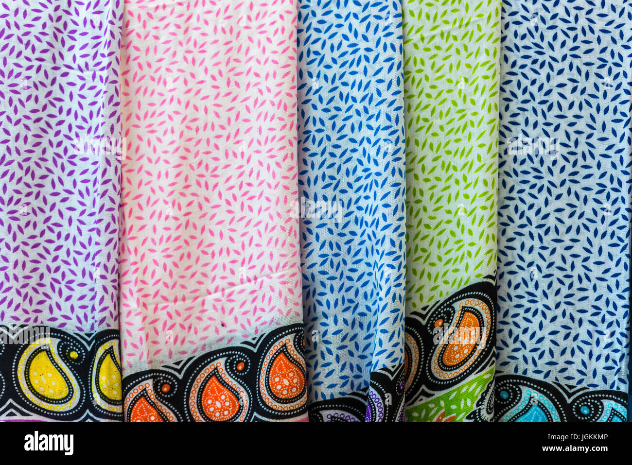 Selection of colorful women scarves at a market Stock Photo