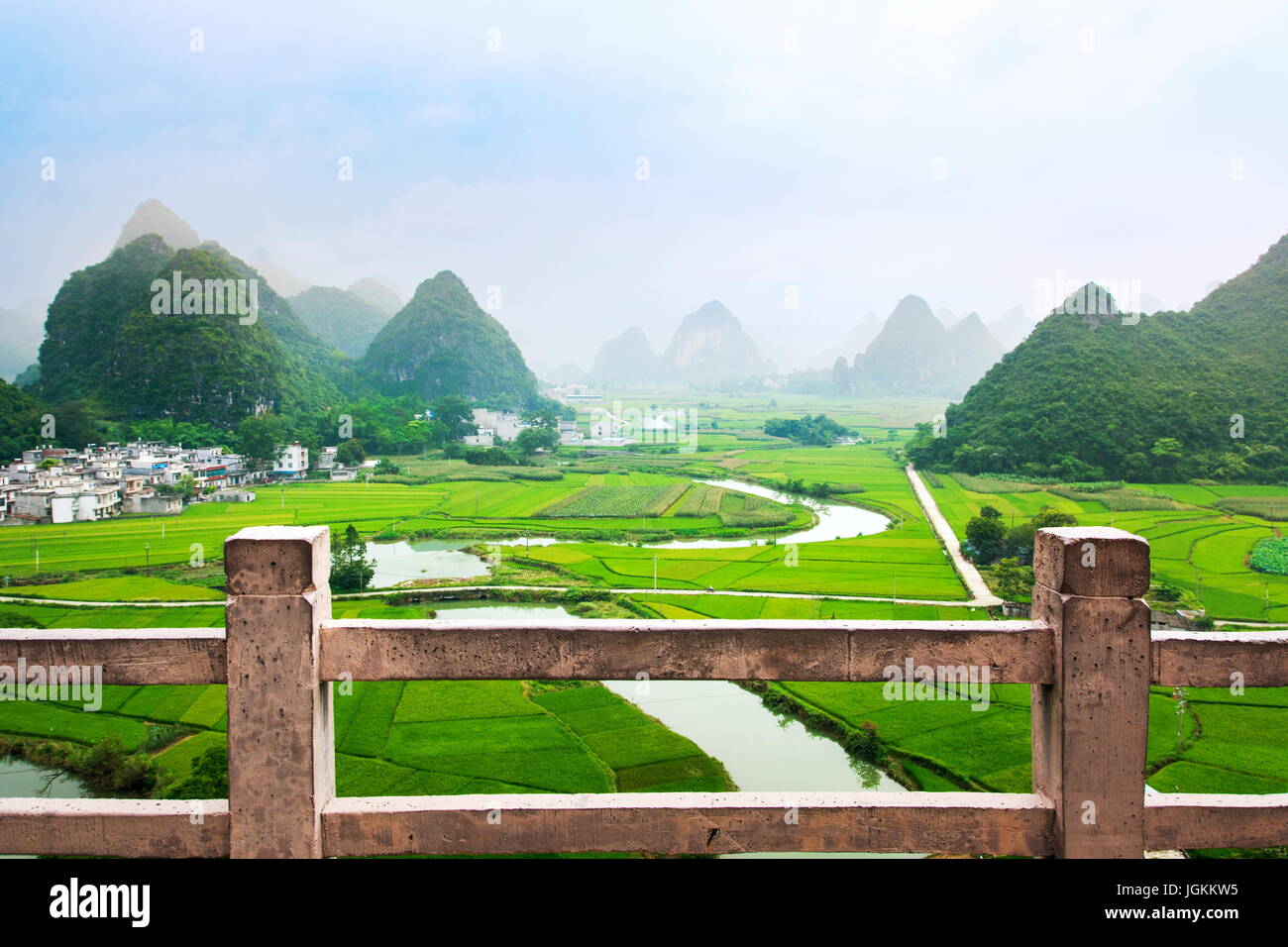 Stunning rice field view with karst formations in Guangxi, China Stock Photo