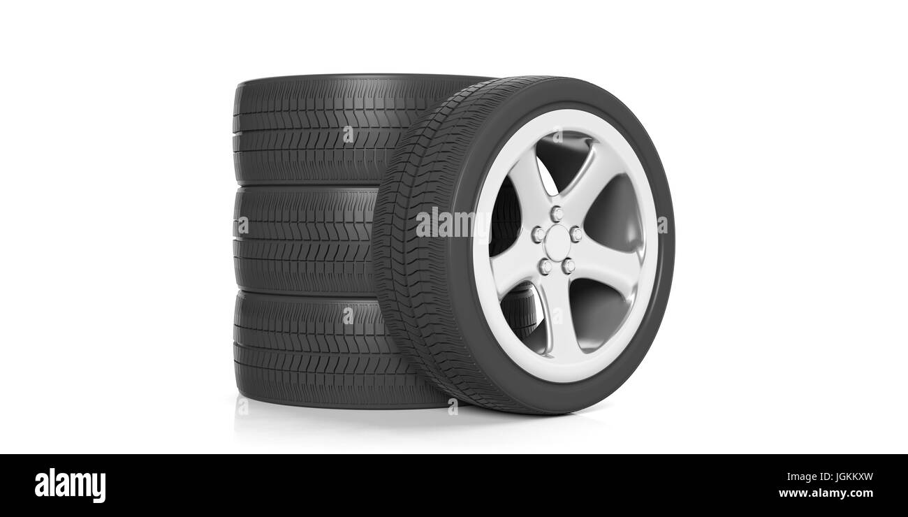Car wheels stacked on white background. 3d illustration Stock Photo