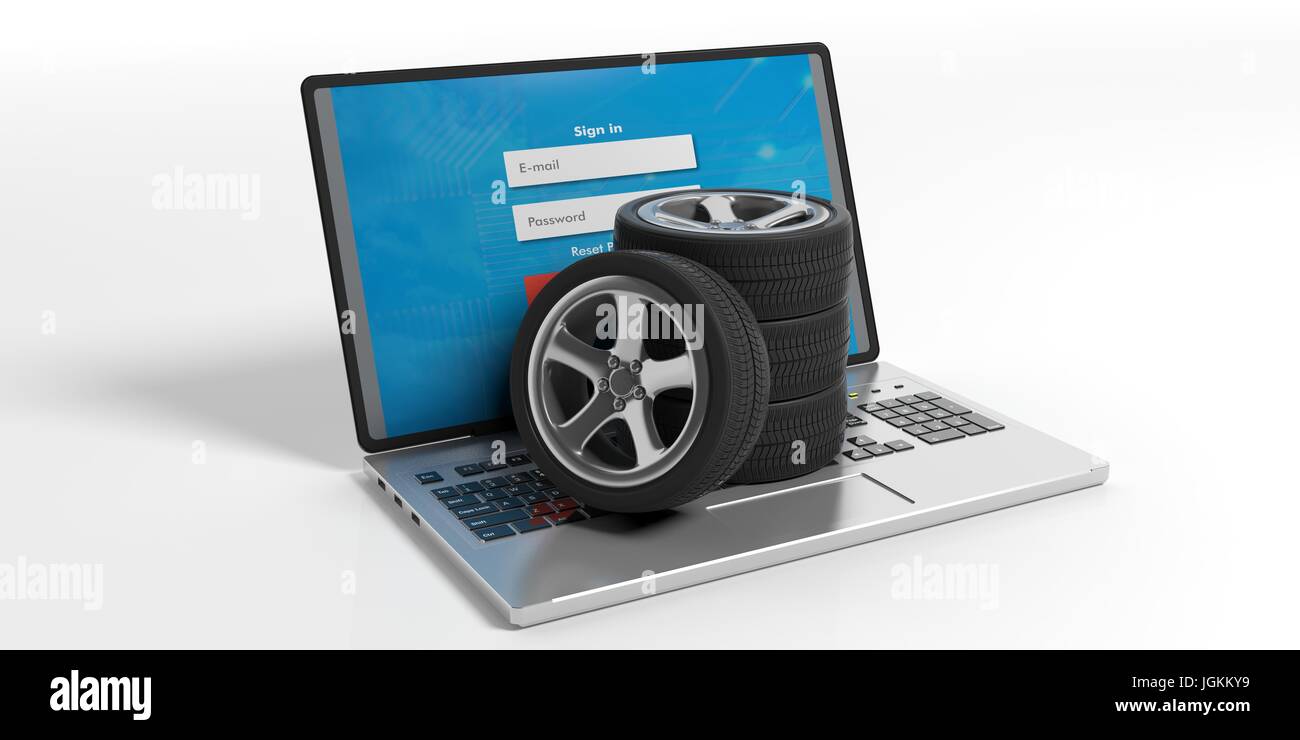 Car wheels on a laptop on white background. 3d illustration Stock Photo ...