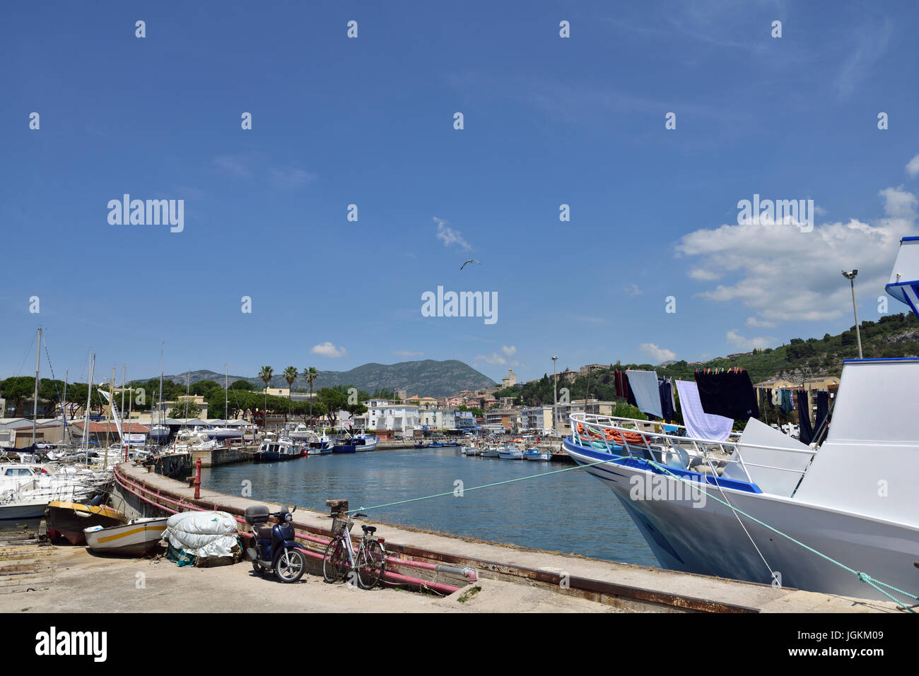 Port of Terracina looking up the canal toward the main area of the town, Italy Stock Photo