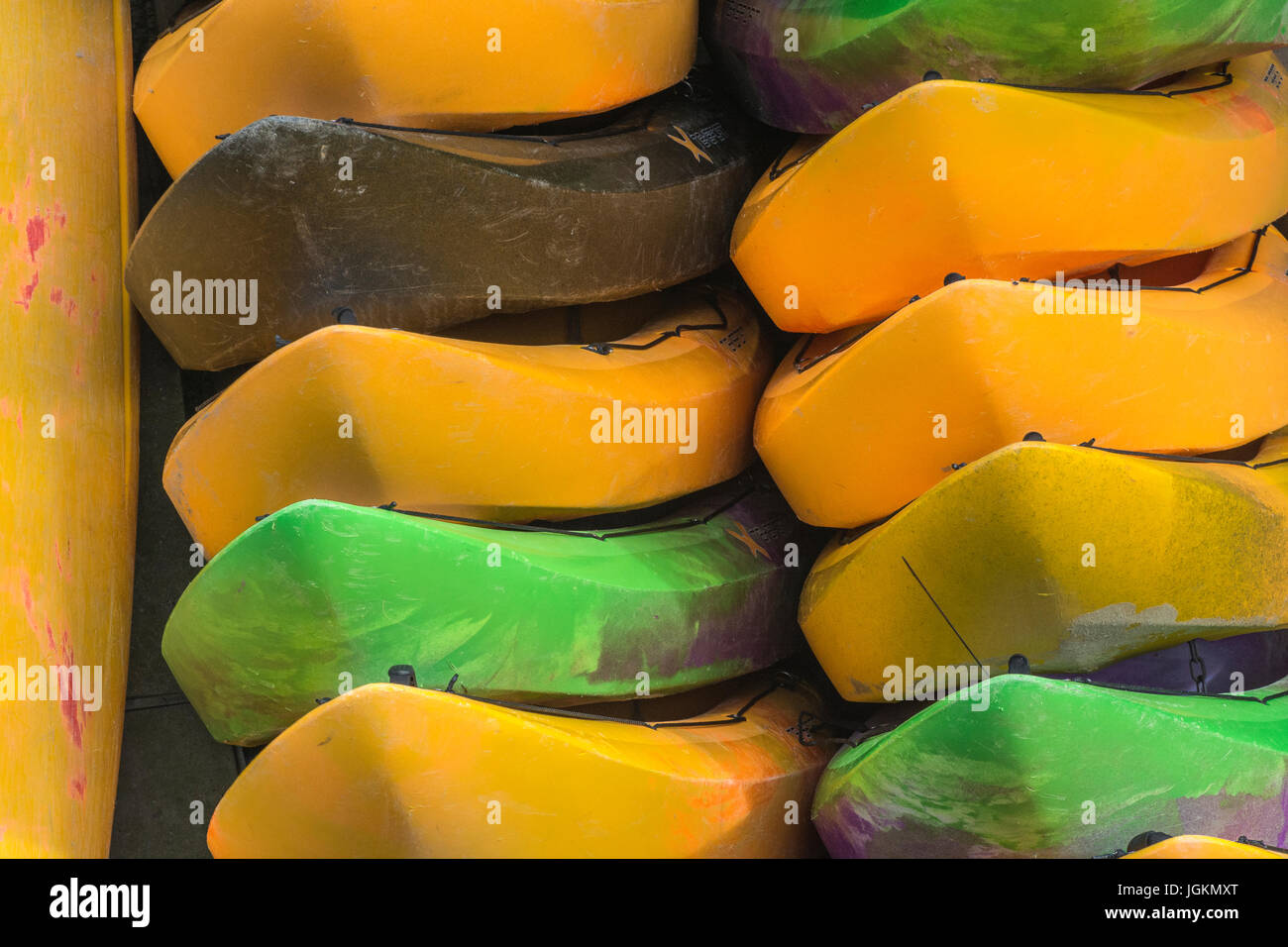 Multiple colours 'For Hire' sea kayaks in storage (actually on-end). Stock Photo