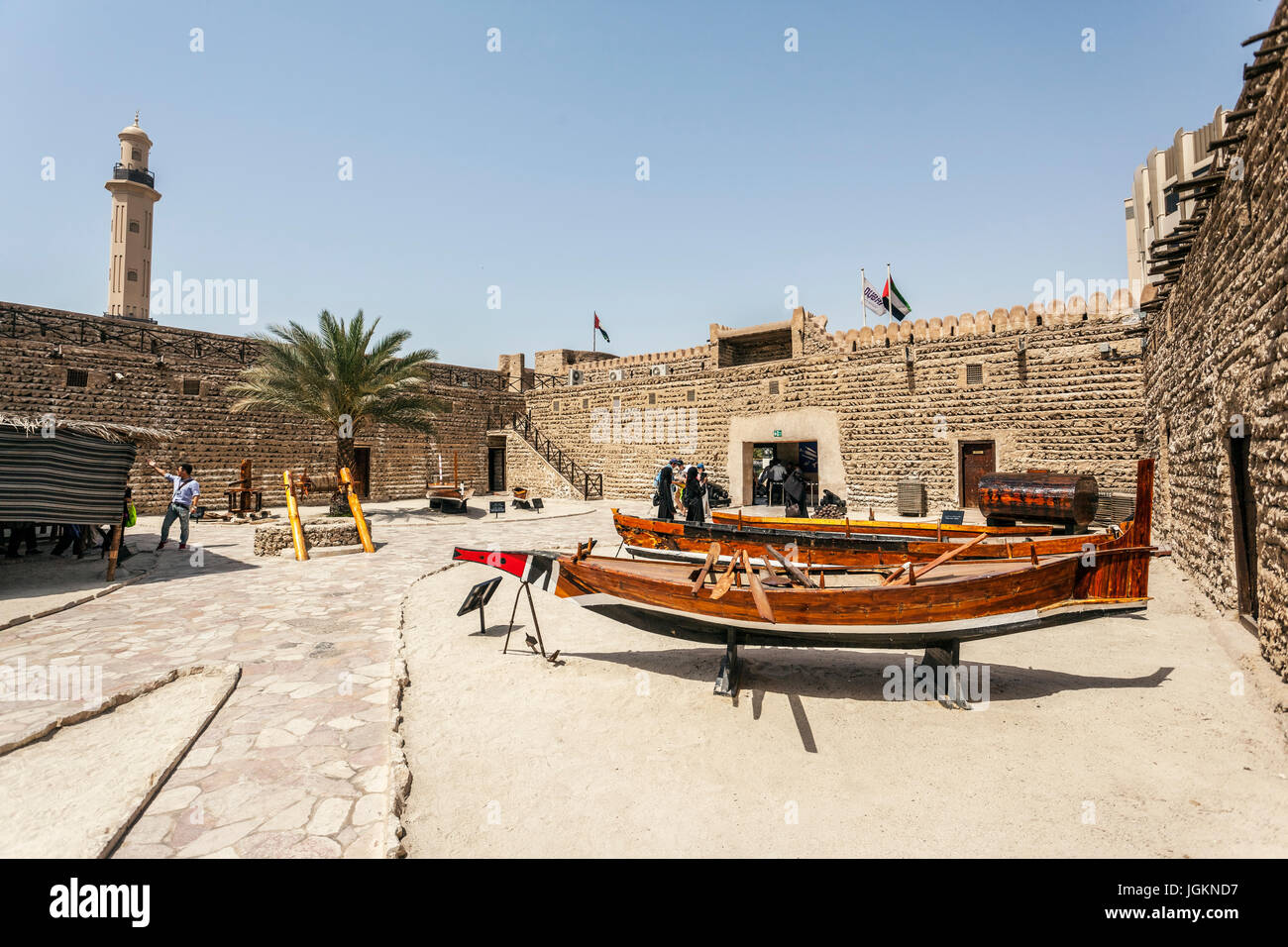 Boat exposition in the courtyard of Dubai Museum, Al Fahidi Fort, Bur Dubai, United Arab Emirates, Middle East Stock Photo