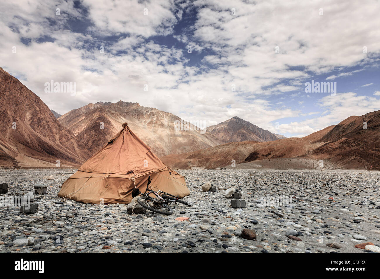 A lone canvas tent in Nubra Valley in Ladakh, India Stock Photo