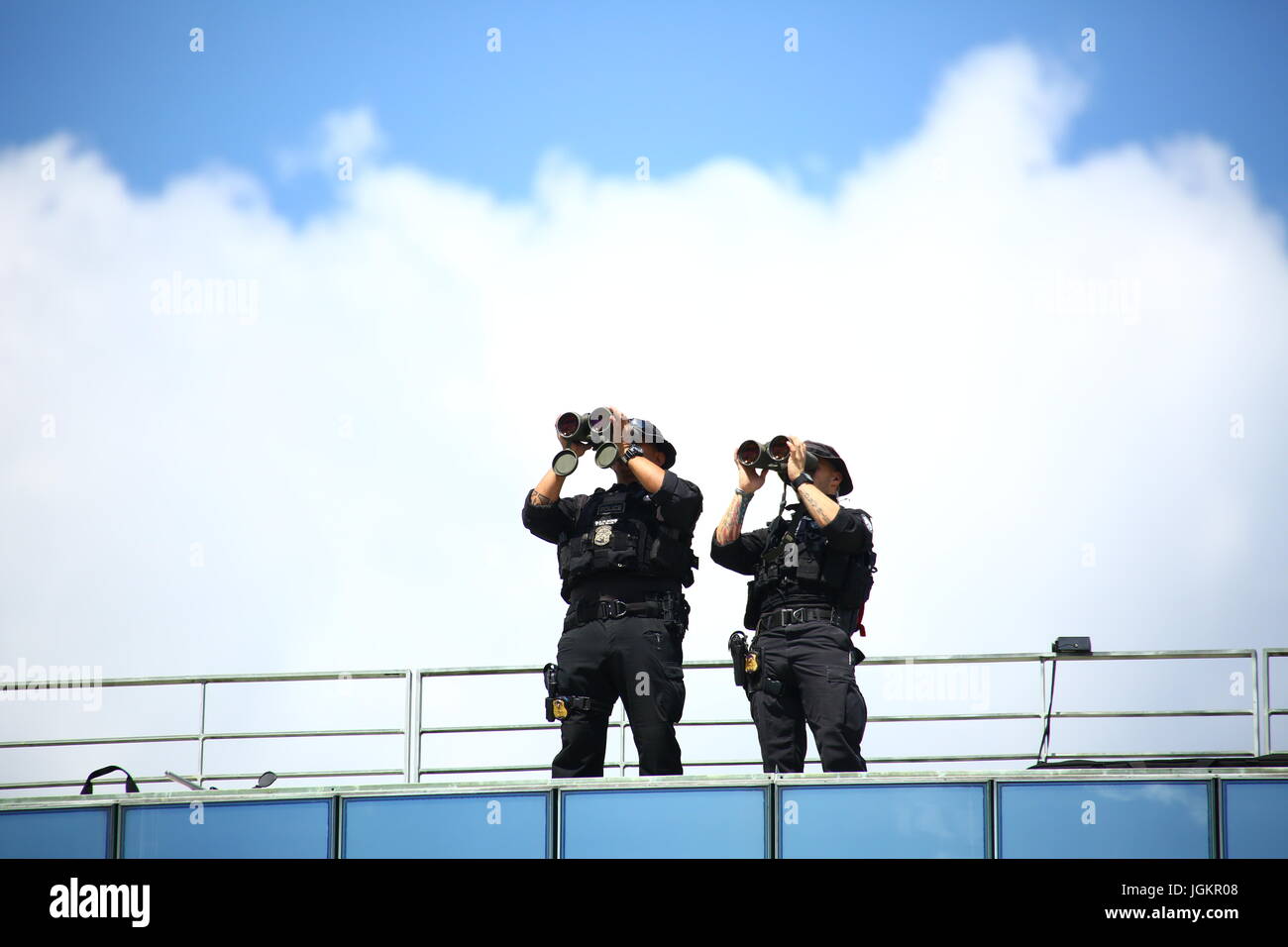 Warsaw, Poland, July 6th, 2017: Snipers of special police forces observing area before US President Trump arrives. Stock Photo