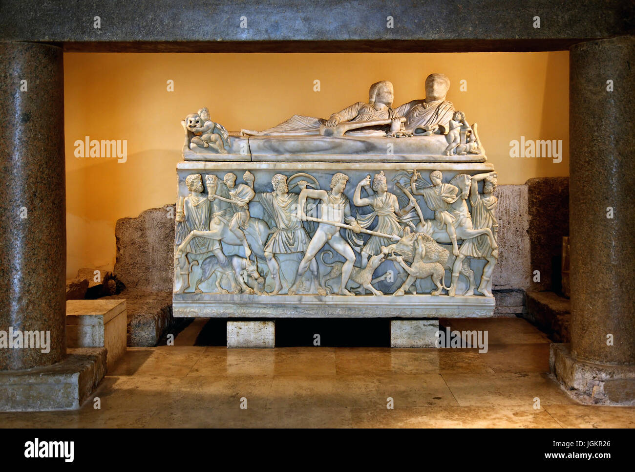 Sarcophagus with the Calydonian boar hunt in the Capitoline museums, Rome, Italy. Stock Photo