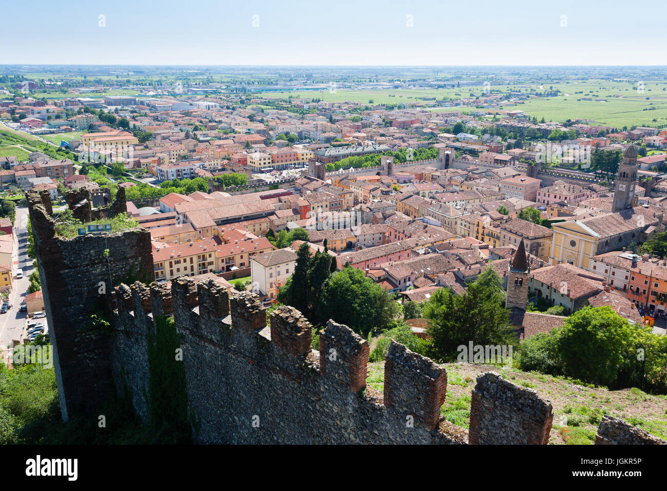Aerial view of Soave, medieval walled city in Italy. Famous wine area. Italian countryside Stock Photo
