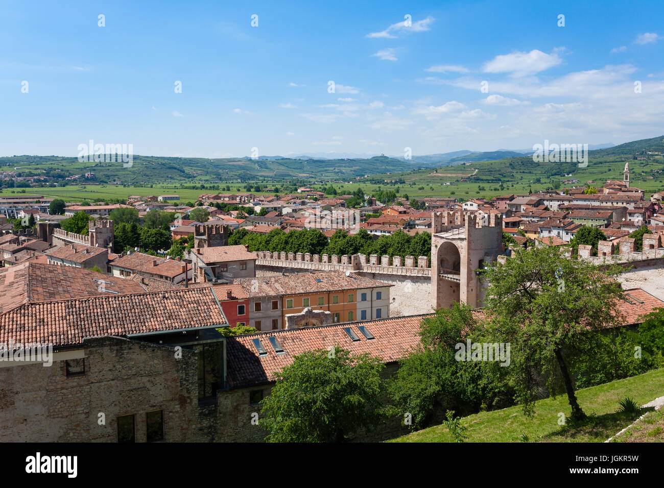 Aerial view of Soave, medieval walled city in Italy. Famous wine area. Italian countryside Stock Photo