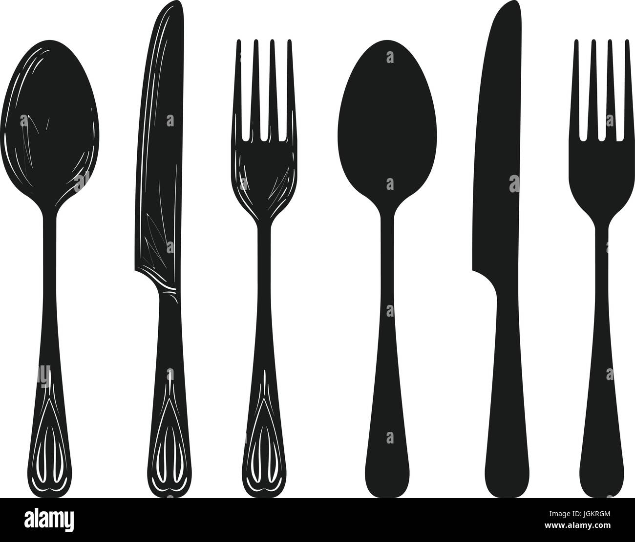 Tableware such as spoon, knife, fork silhouette. Kitchen, cuisine, cooking icon or symbol. Sketch vector illustration Stock Vector