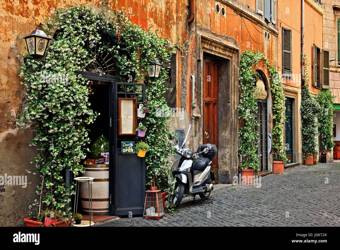 The entrance of a restaurant ('La Fiaschetta'), Via dei Cappellari, a trully picturesque street close to Campo de' Fiori, Rome, Italy. Stock Photo