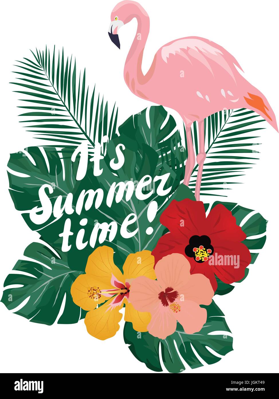 vector illustration of flamingo and tropical flowers it is summer time ...