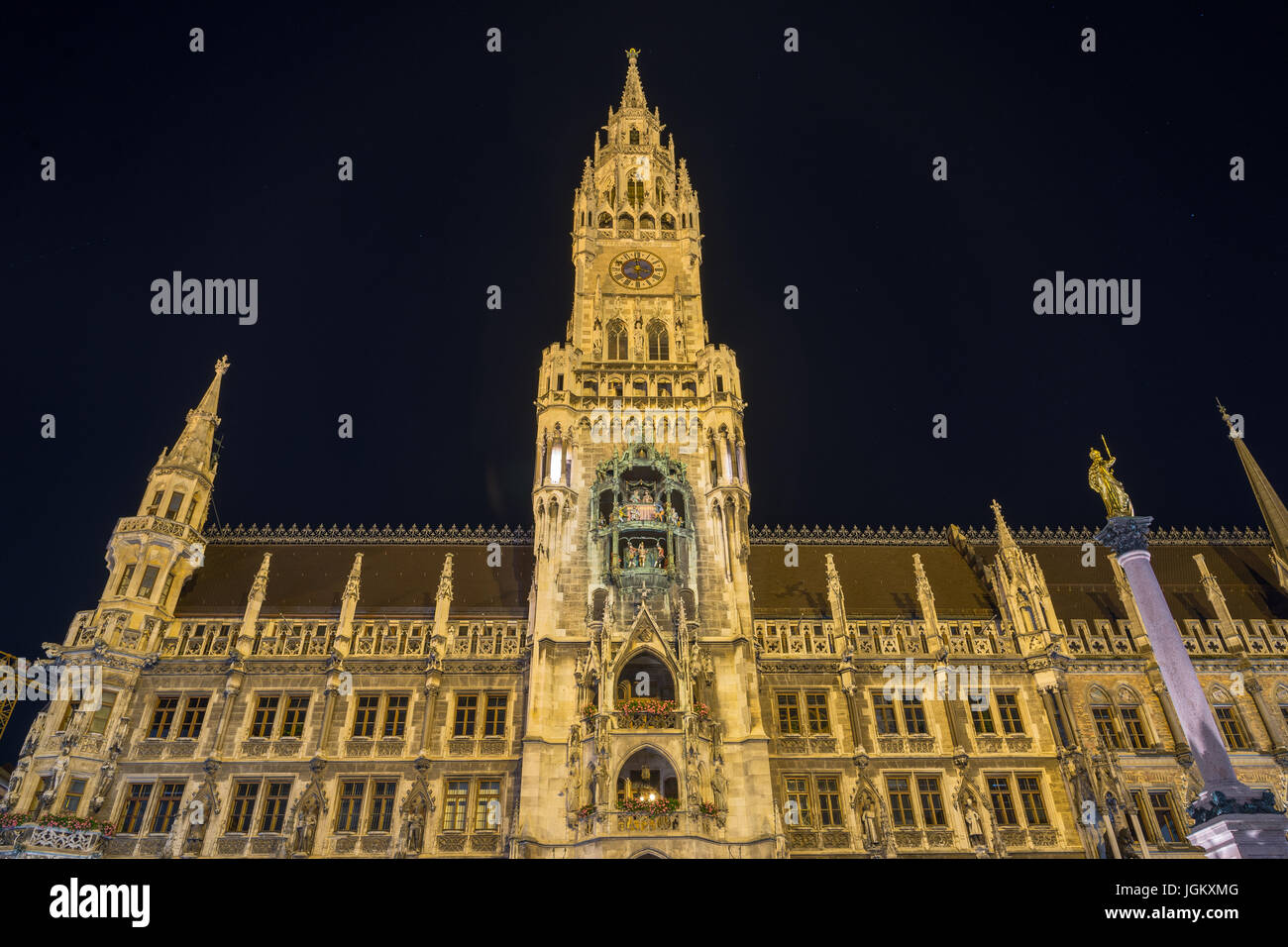 Munich, Germany - June 7, 2016: Munich Town Hall - Neue Rathaus on Marienplatz at night Stock Photo