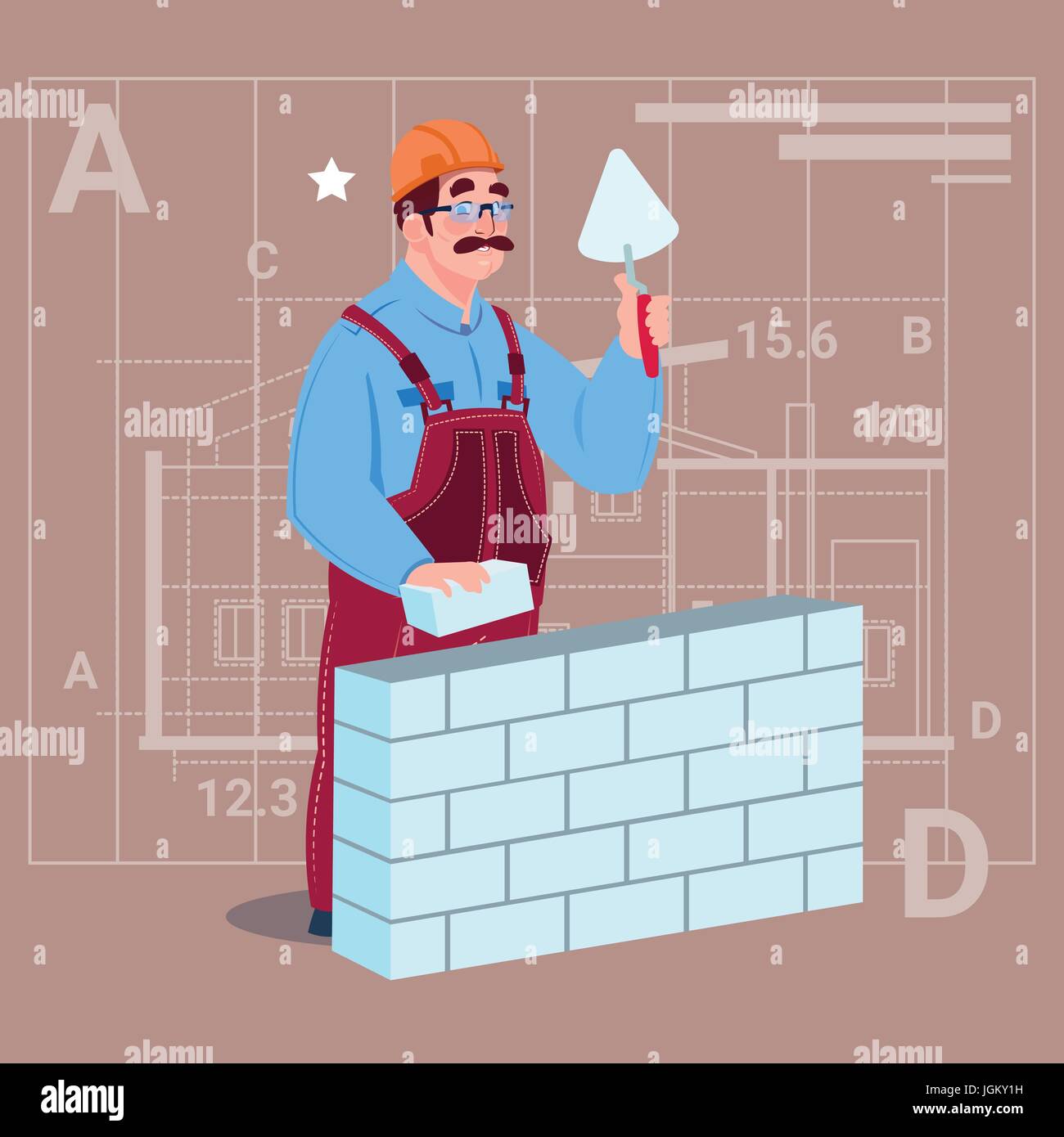 Cartoon Builder Laying Brick Wall Hold Spatula Over Abstract Plan Background Male Workman Stock Vector