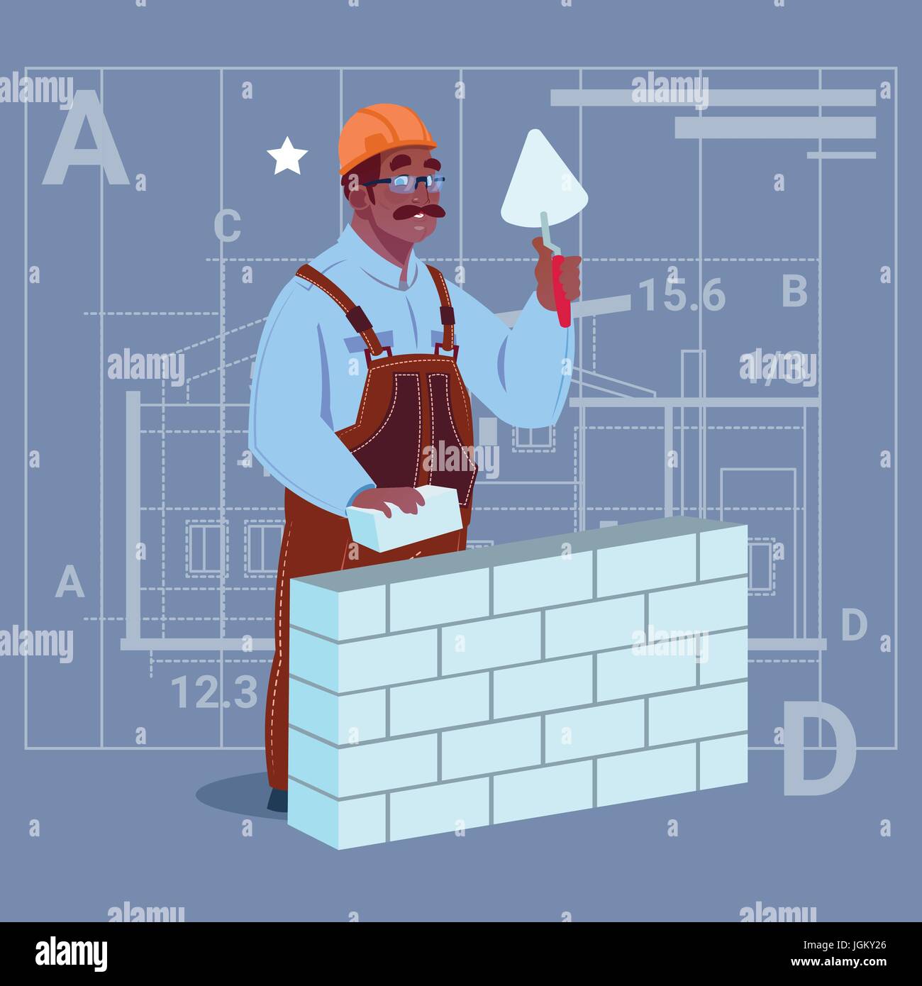 Cartoon African American Builder Laying Brick Wall Hold Spatula Over Abstract Plan Background Male Workman Stock Vector