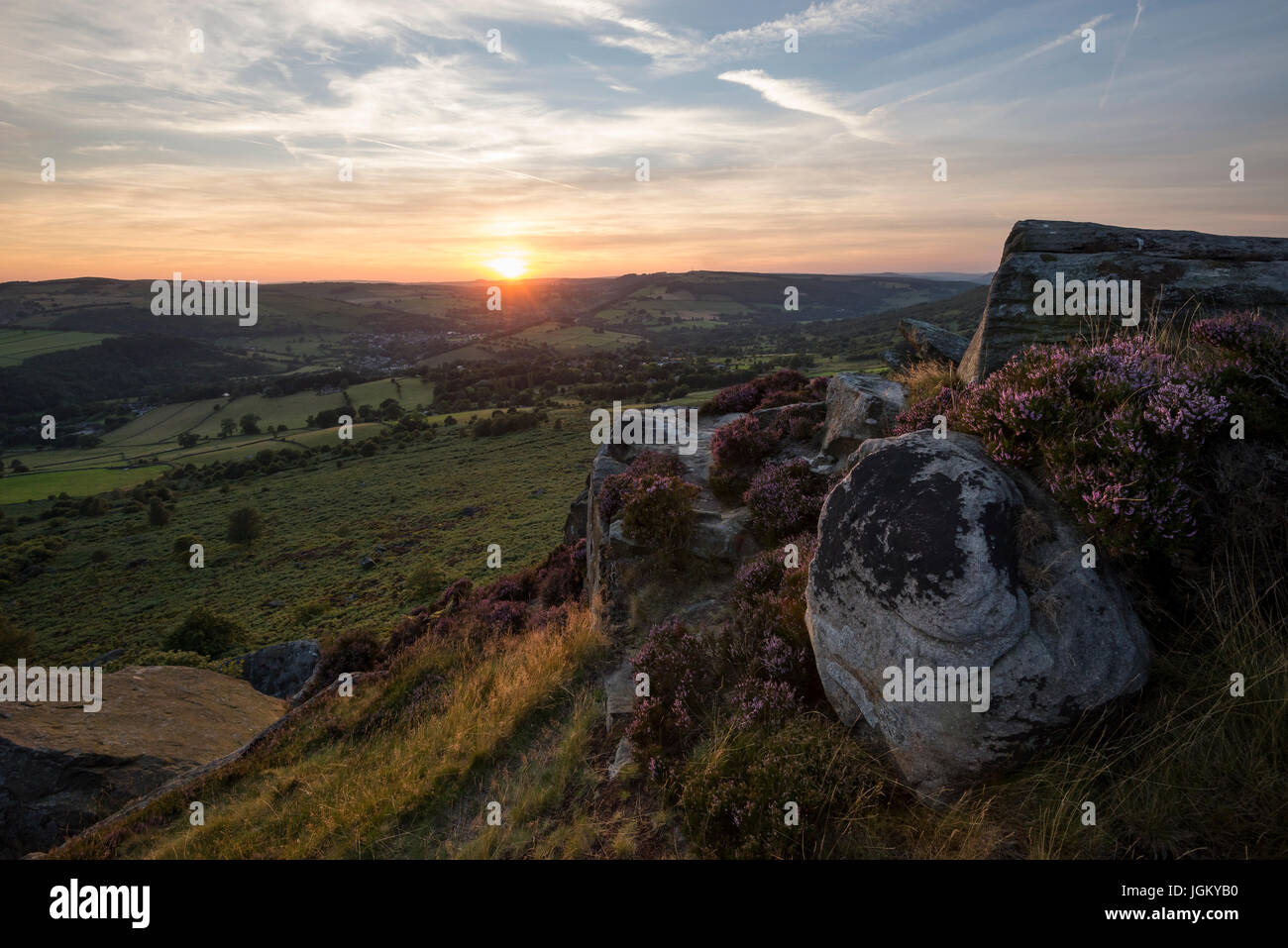 Sunset at Baslow edge in the Peak District, Derbyshire, England. Stock Photo