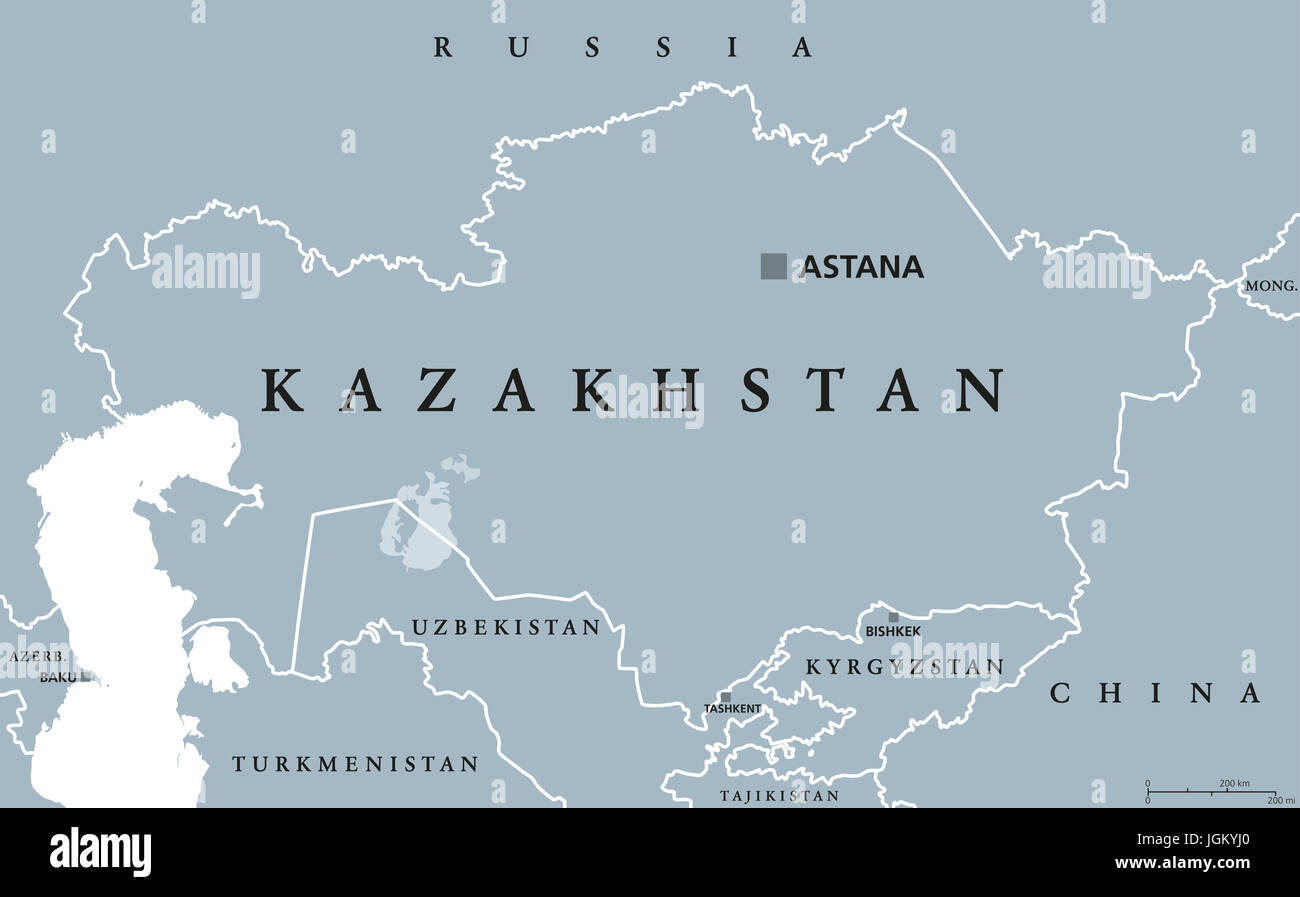 Kazakhstan political map with capital Astana. Republic. Transcontinental country in northern