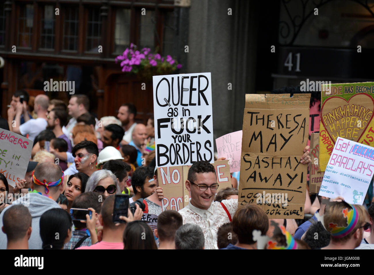 Pride in London, 2017. Movement for Justice reclaims Pride as protest marching in front of the official parade. Stock Photo