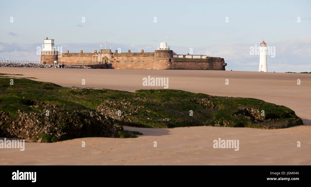 Fort Perch Rock and lighthouse at New Brighton, Wirral, Merseyside. Stock Photo