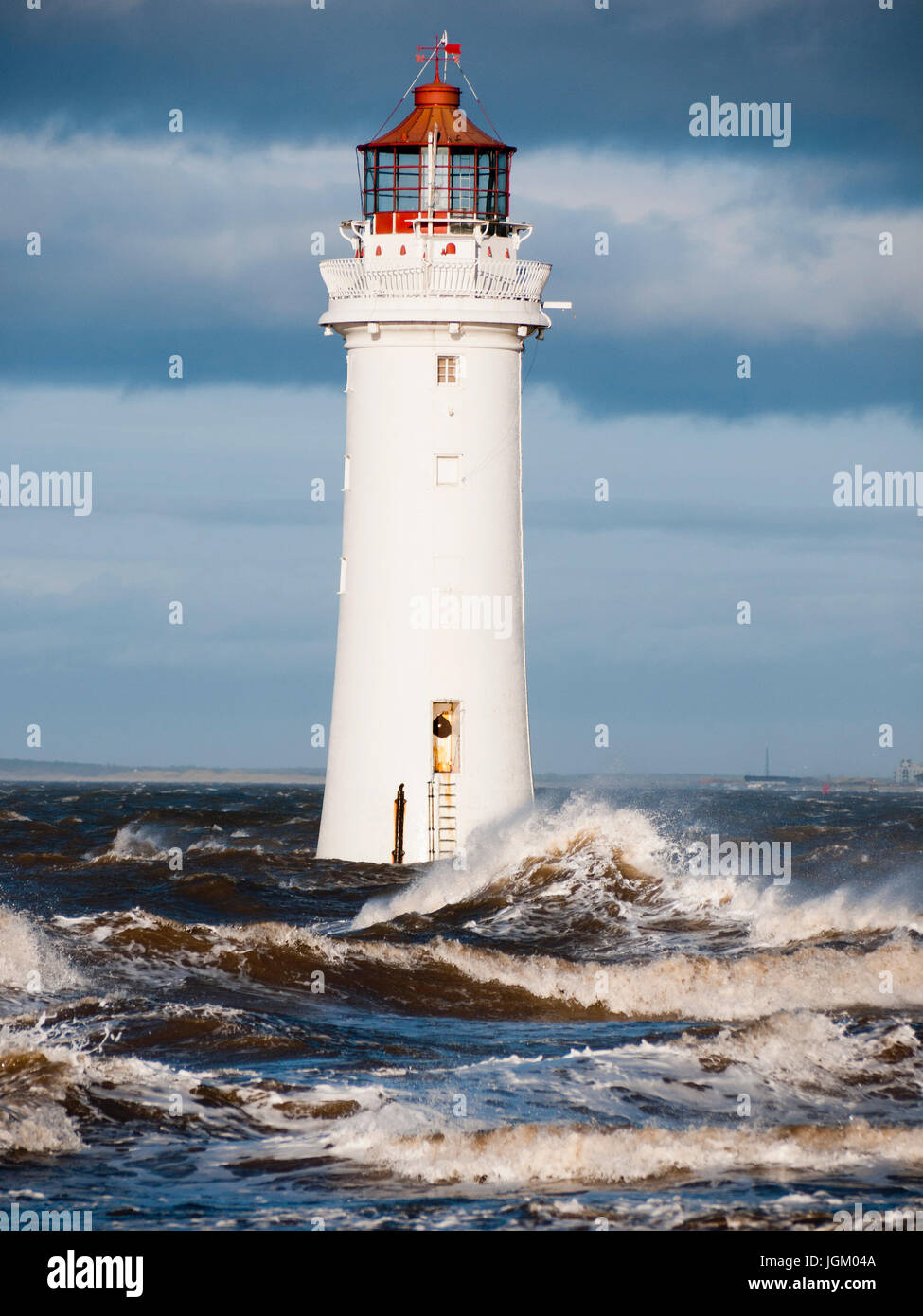 New Brighton lighthouse, in the River Mersey, opened in 1830, in stormy seas. Stock Photo