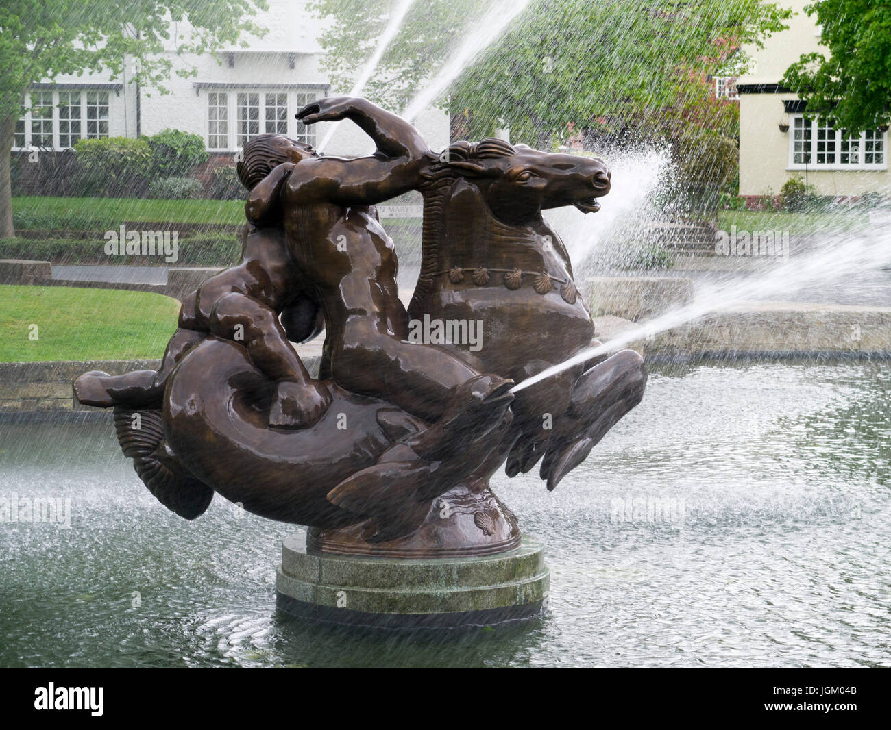 'Sea Spirit' bronze water fountain sculpture by Charles Wheeler, 1950, outside the Lady Lever Art Gallery, Port Sunlight Village, Wirral, Merseyside. Stock Photo