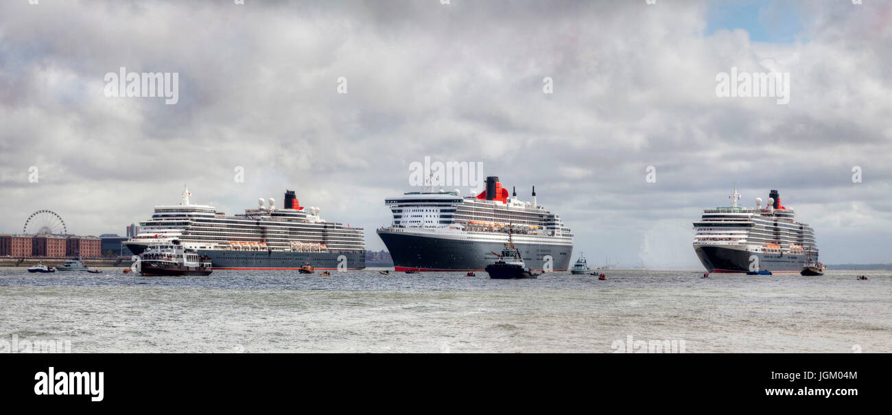 Cunard's three Queens (L–R Queen Elizabeth, Queen Mary 2 and Queen Victoria) in the River Mersey to celebrate Cunard's 175th anniversary. Stock Photo