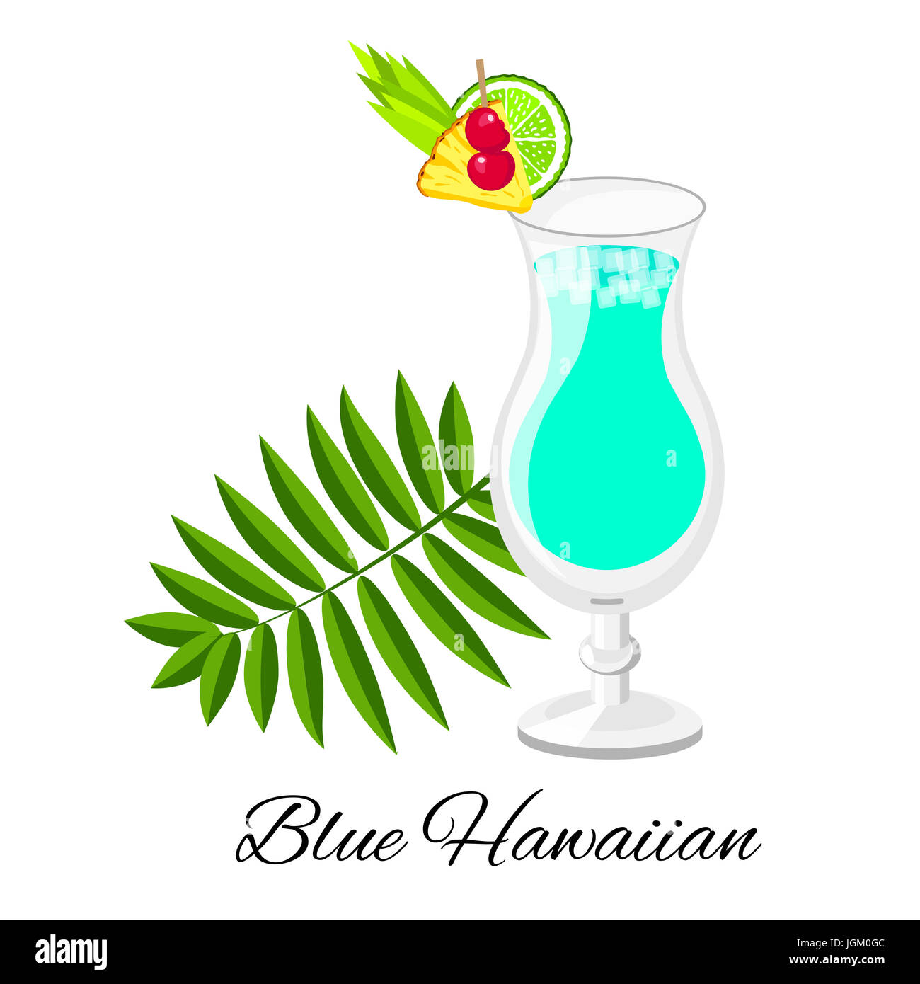 Blue Hawaiian cocktail cartoon style. Summer long drink isolated on white for restaurant, bar menu or beach party banner and flyer Stock Photo