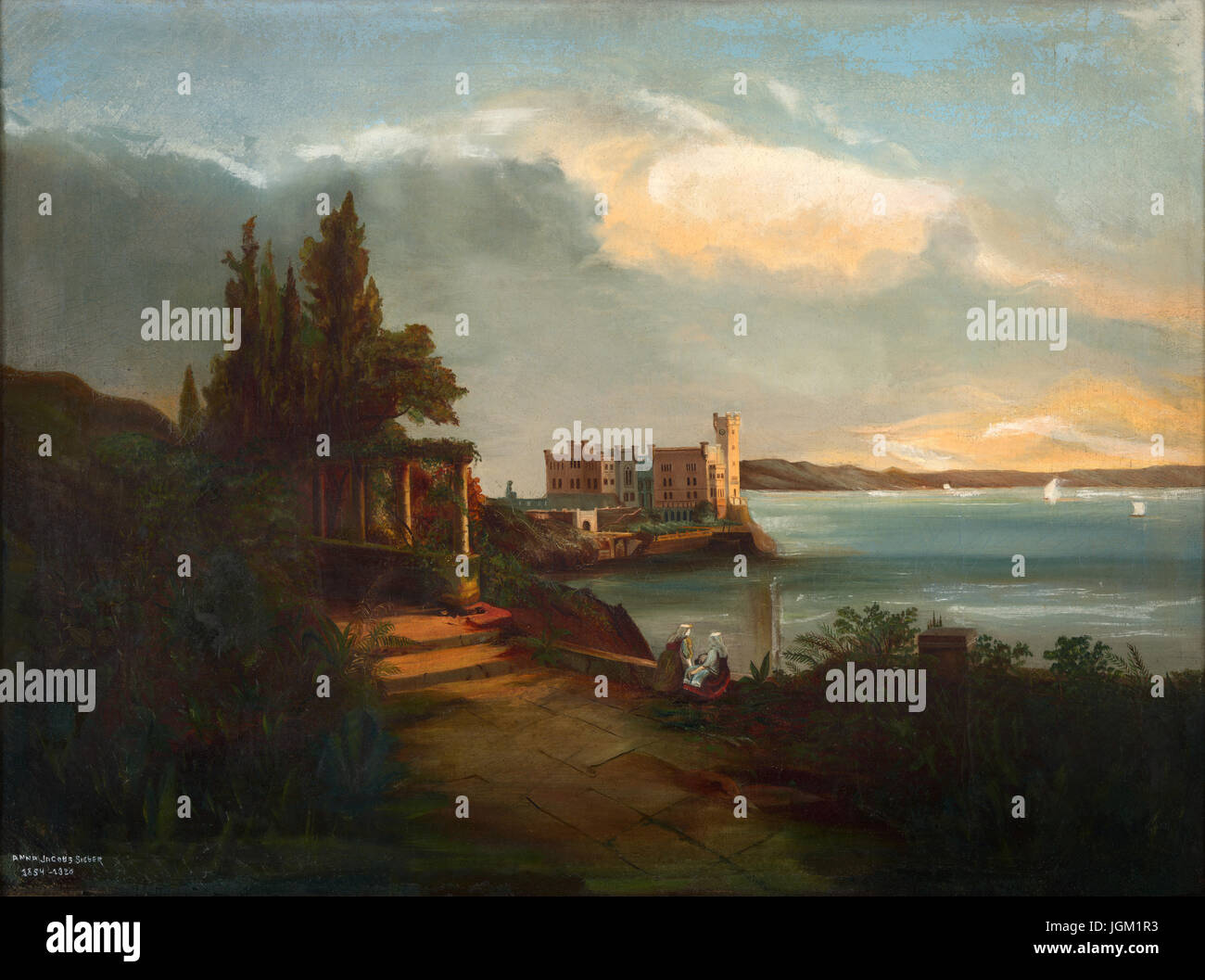 Oil painting of the Miramar Castle in Trieste, Italy by Pennsylvania art student Anna Jacobs (Sieber) ca. 1875 Stock Photo