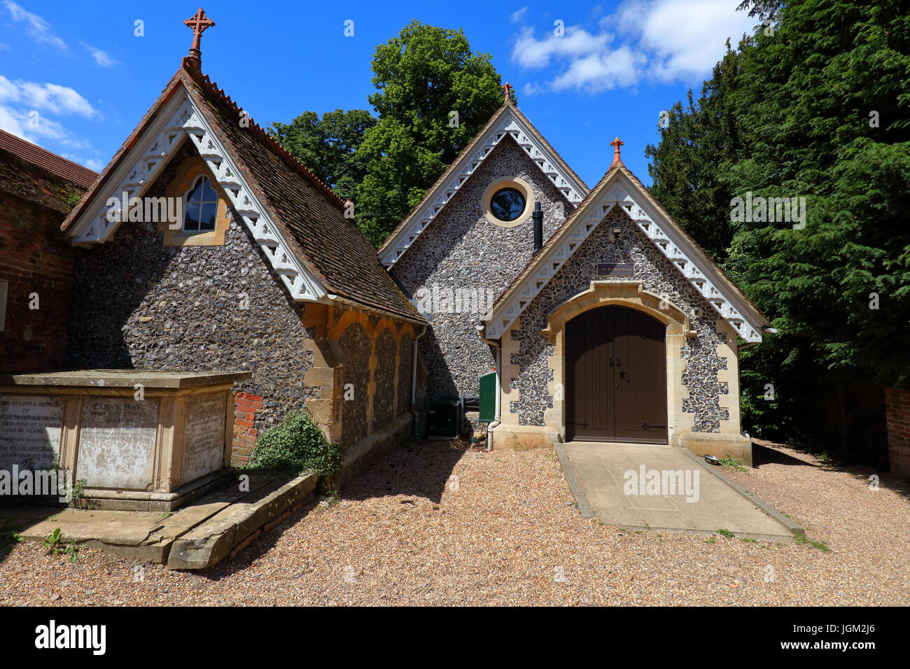 A set of small side buildings attached to the village church of Saint Andrews in Sonning on Thames in a quiet rural location. Stock Photo