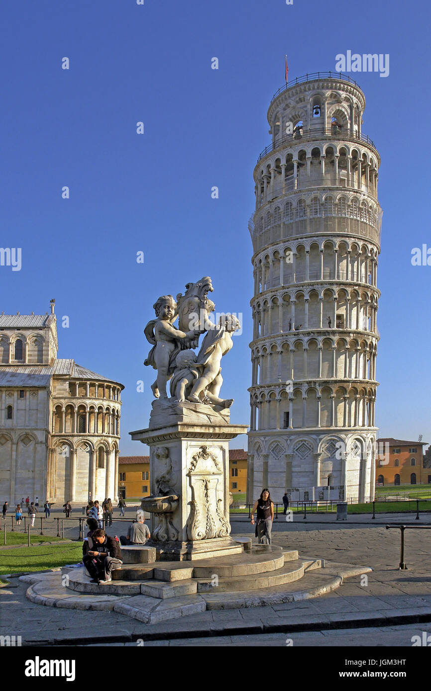 Europe, Italy, Tuscany, Toscana, Pisa, tower, crooked, skew tower, building, architecture, place of interest, landmark, outside, outdoors, field recor Stock Photo