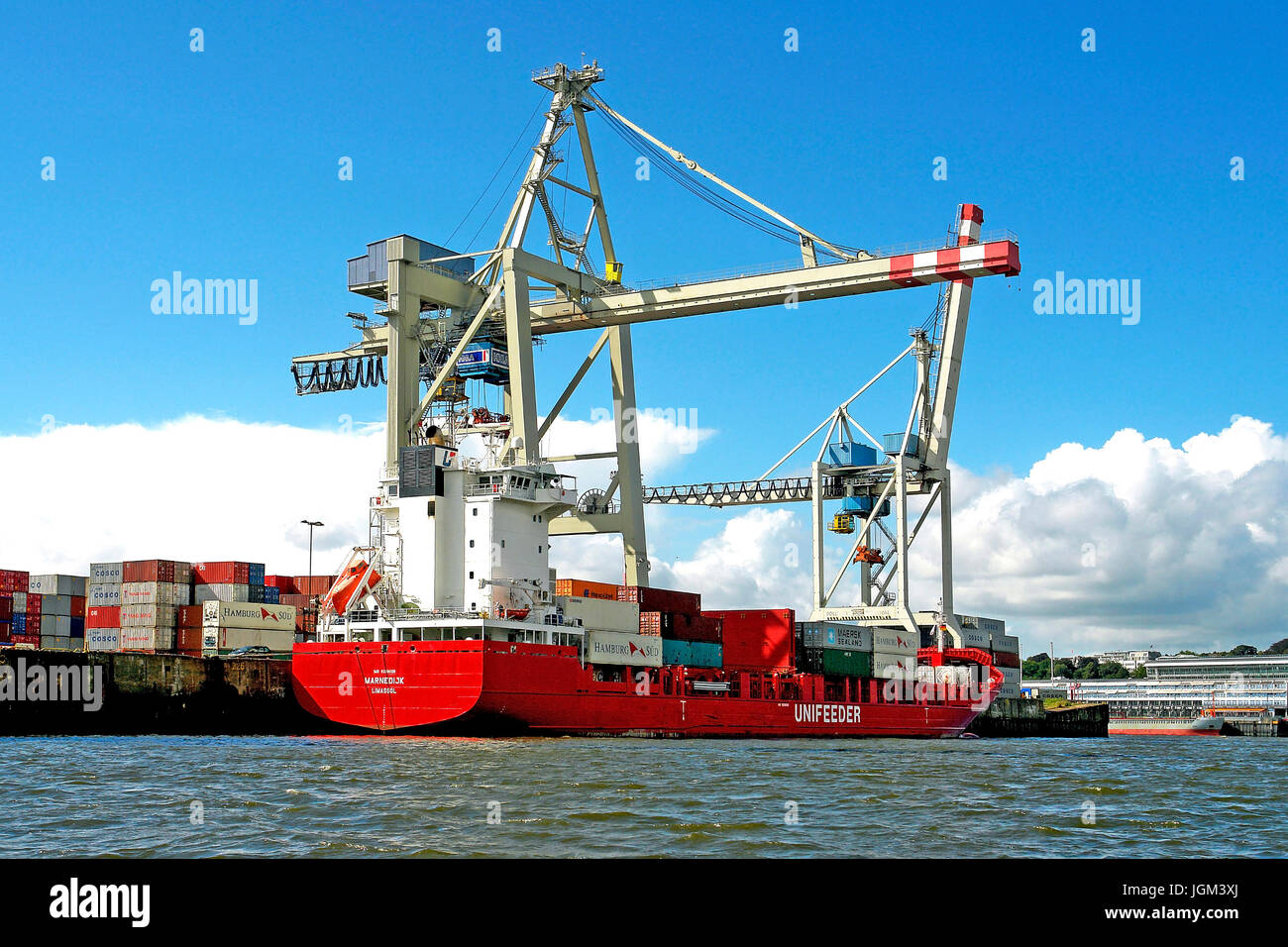 Europe, the Federal Republic of Germany, the FRG, Hamburg, harbour, Hamburg harbour, the Elbe, container, container ship, crane, loaded, shipping comp Stock Photo
