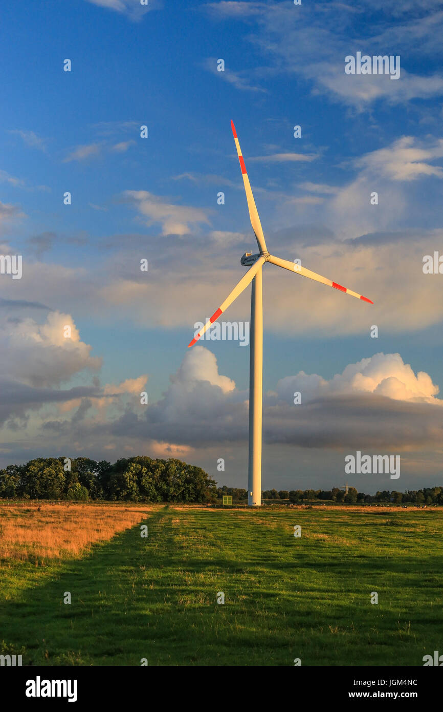 Europe, the Federal Republic of Germany, Friesland, Lower Saxony, wind strength arrangement, cloud sky, evening mood, wind turbine, wind turbines, win Stock Photo