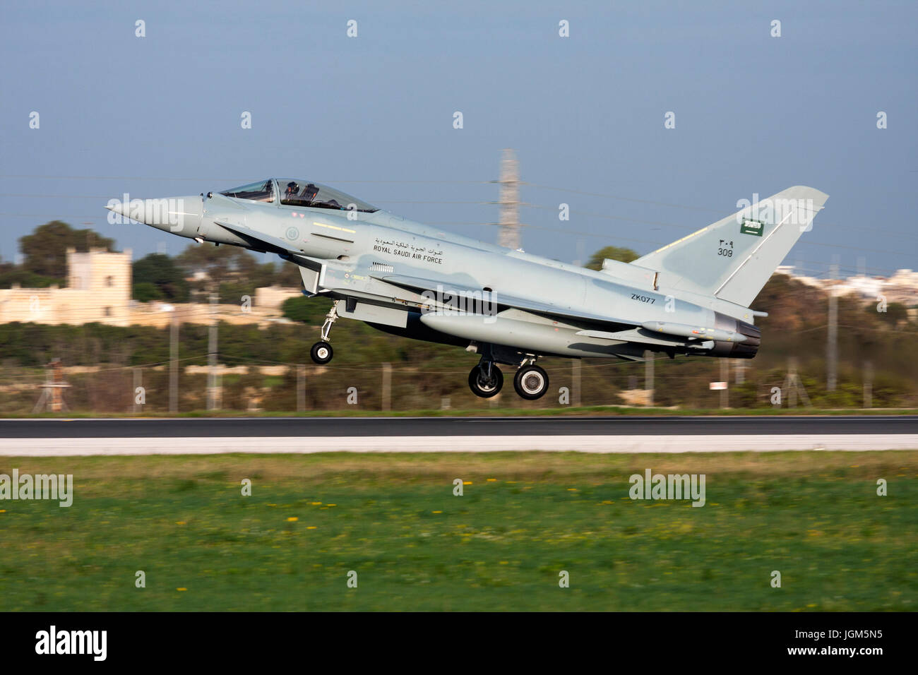 Luqa, Malta December 9, 2010: Royal Saudi Arabian Air Force Eurofighter Typhoon F2 landing runway 31 on delivery flight to Saudi Arabia. Stock Photo