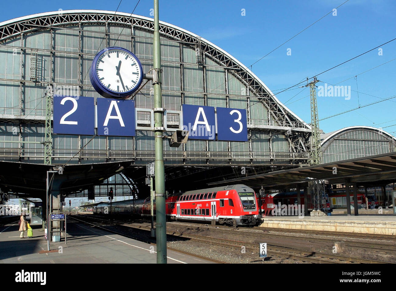 Europe, Germany, Bremen, central station, railway station, train, transport, traffic, building, building, rail, railway tracks, outside, outdoors, day Stock Photo