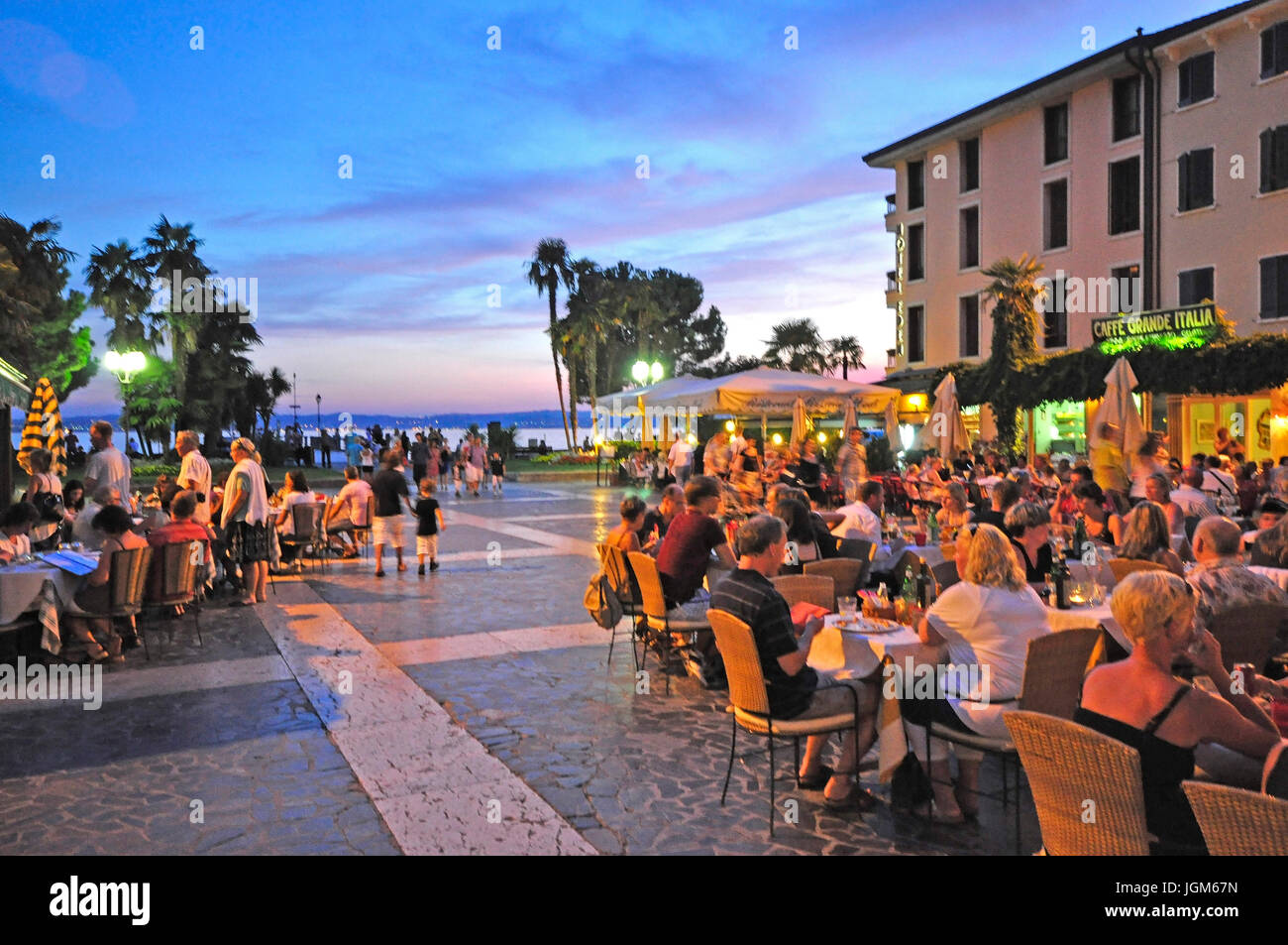 Europe, Italy, Gardasee, Sirmione, harbour, boat, boats, Old Town, summer, in 2009, architecture, water, trip, restaurant, tourist, evening mood, blue Stock Photo