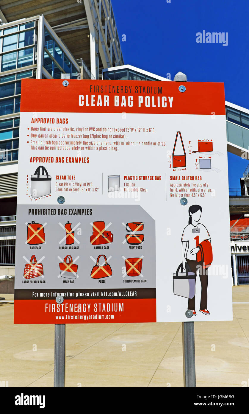 Security at FirstEnergy Stadium in Cleveland, Ohio requires fans to abide by bag policies as indicated on one of several signs outside the venue. Stock Photo